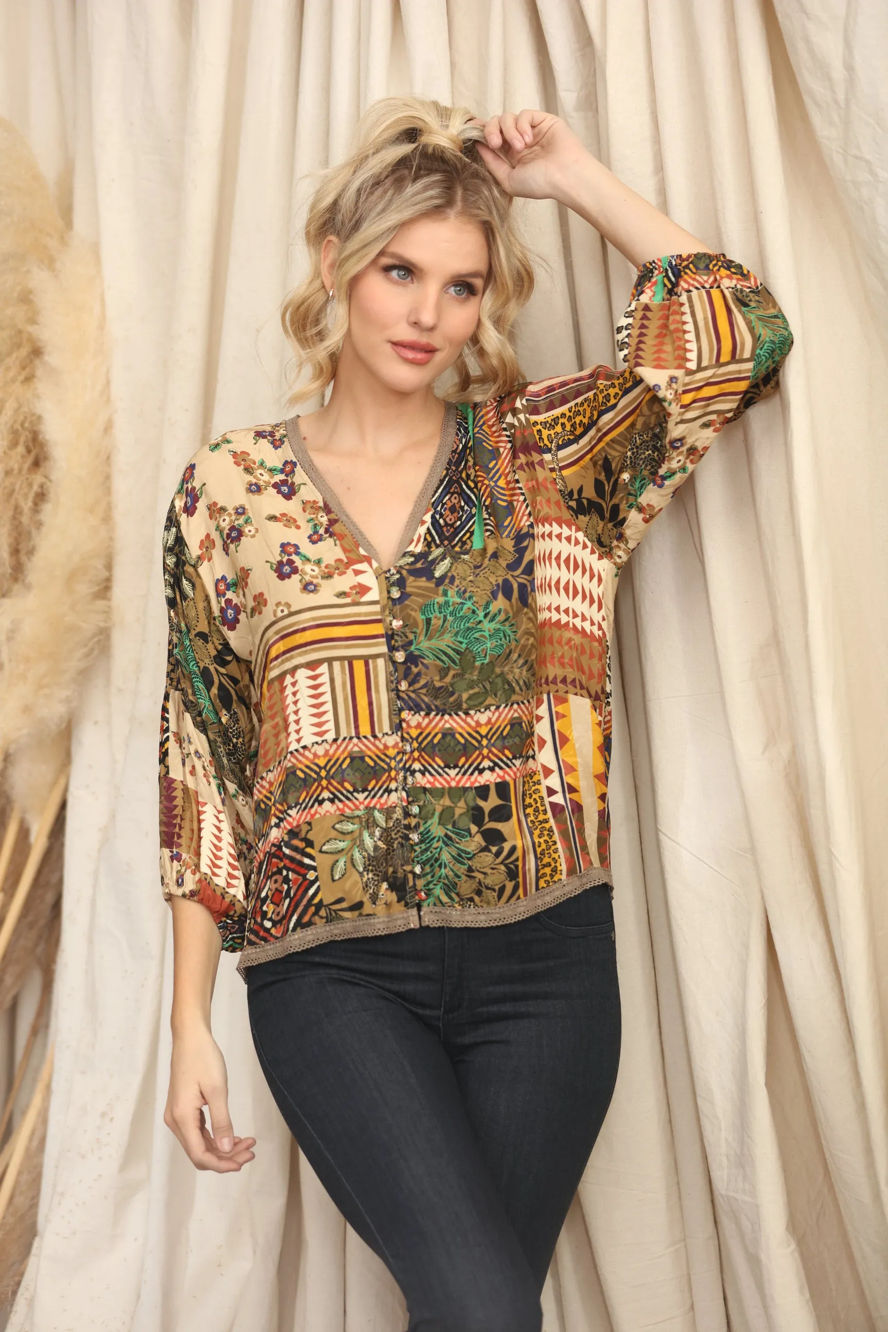 Johnny Was Fria Patch Lola 3/4 Sleeve Blouse C16723B