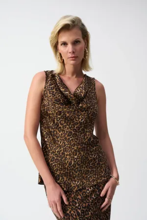 Joseph Ribkoff Beige/Black Animal Print Cowl Neck Sleeveless Satin Top 244258
