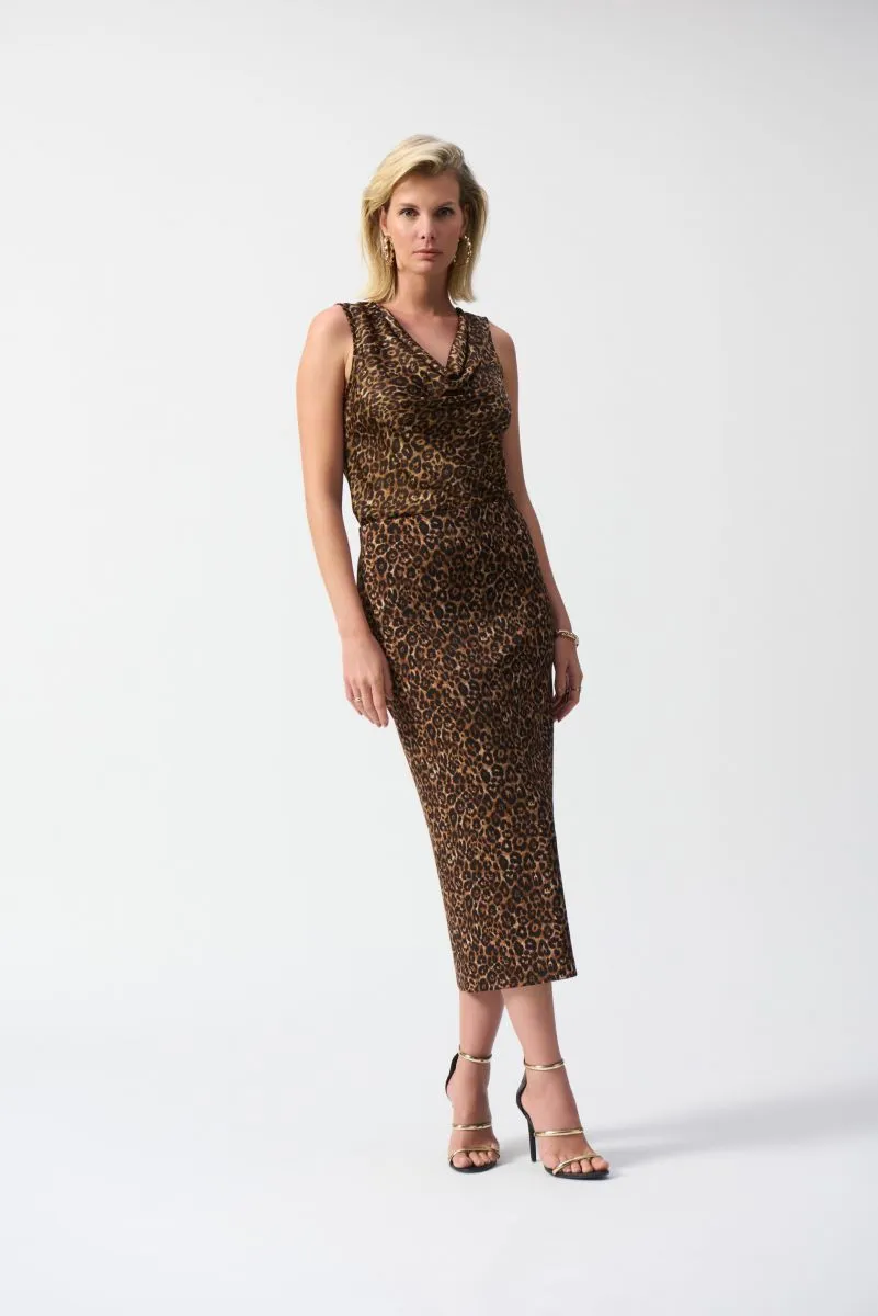 Joseph Ribkoff Beige/Black Animal Print Cowl Neck Sleeveless Satin Top 244258