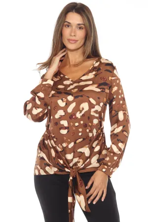 Joseph Ribkoff Beige/Multi Animal Print Waist Sash Satin Top 244068