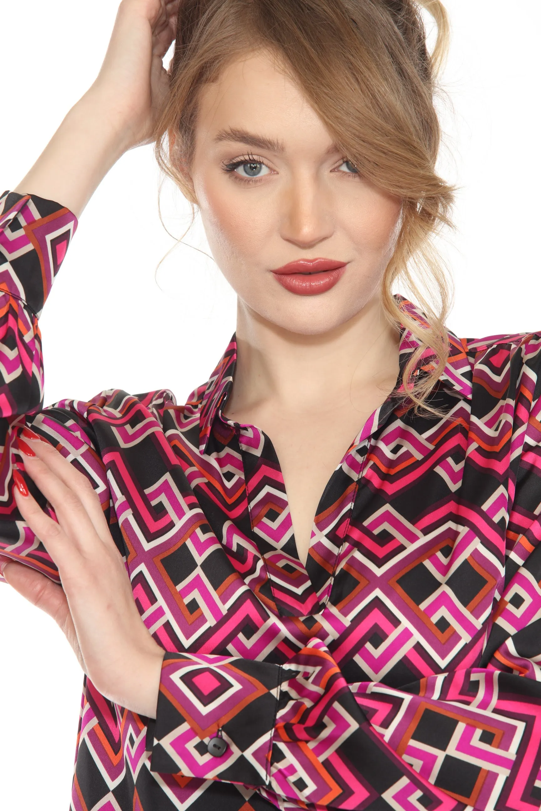 Joseph Ribkoff Black/Multi Geometric Puff Sleeve Satin Blouse 243166