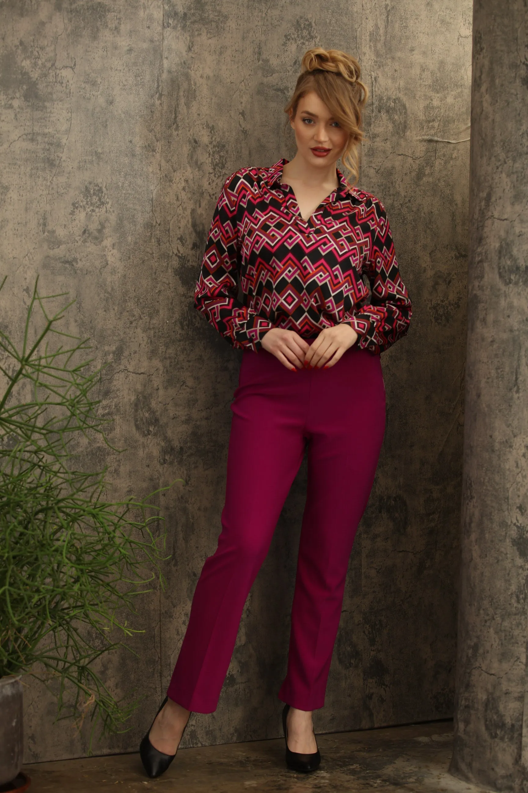 Joseph Ribkoff Black/Multi Geometric Puff Sleeve Satin Blouse 243166