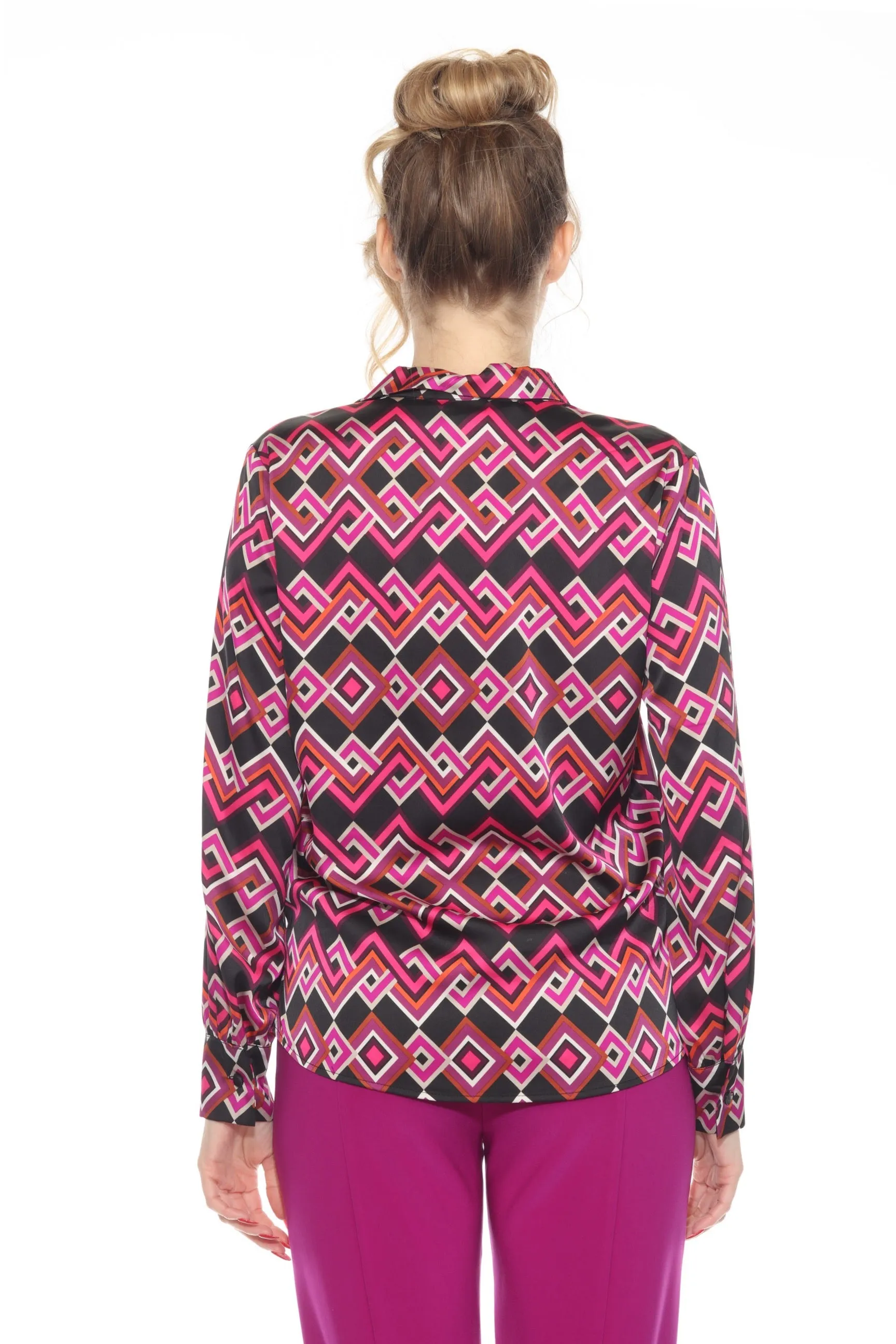 Joseph Ribkoff Black/Multi Geometric Puff Sleeve Satin Blouse 243166