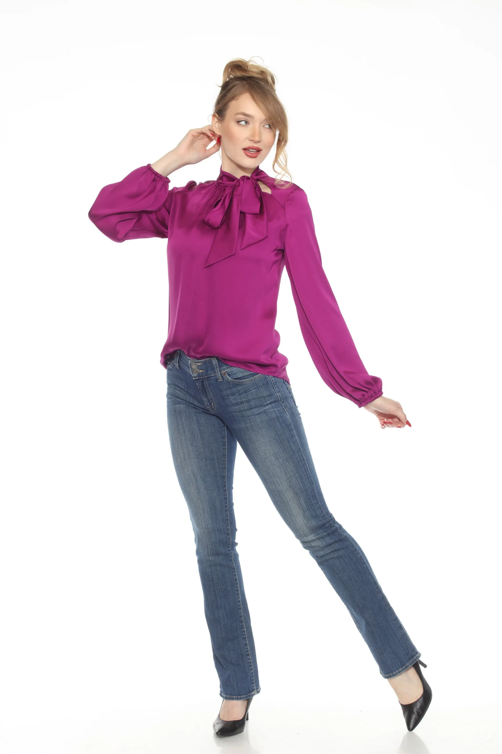 Joseph Ribkoff Bow Neck Long Sleeve Satin Top 243022