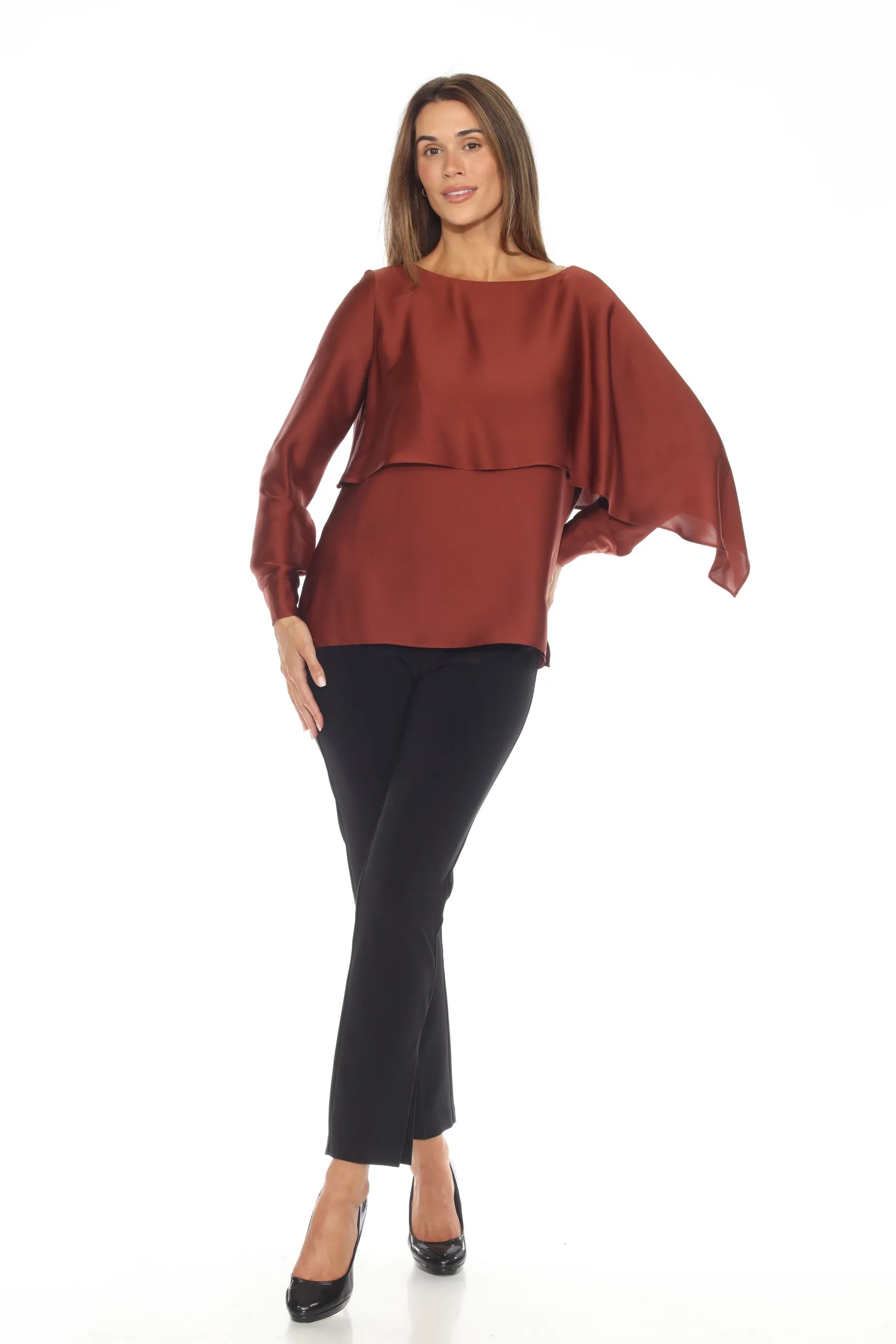 Joseph Ribkoff Cinnamon Ruffled Layer Dolman Sleeve Satin Blouse 243100