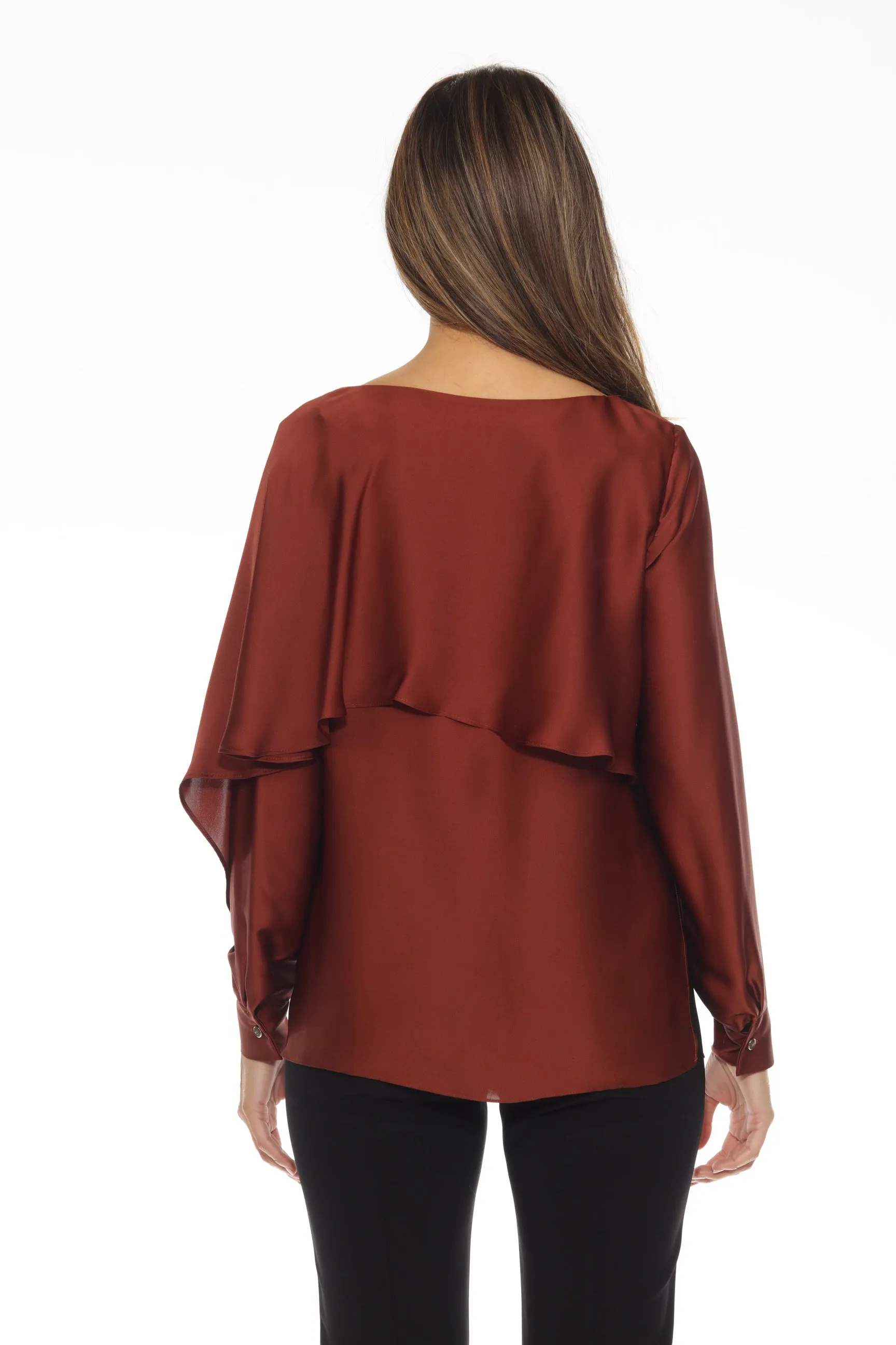 Joseph Ribkoff Cinnamon Ruffled Layer Dolman Sleeve Satin Blouse 243100