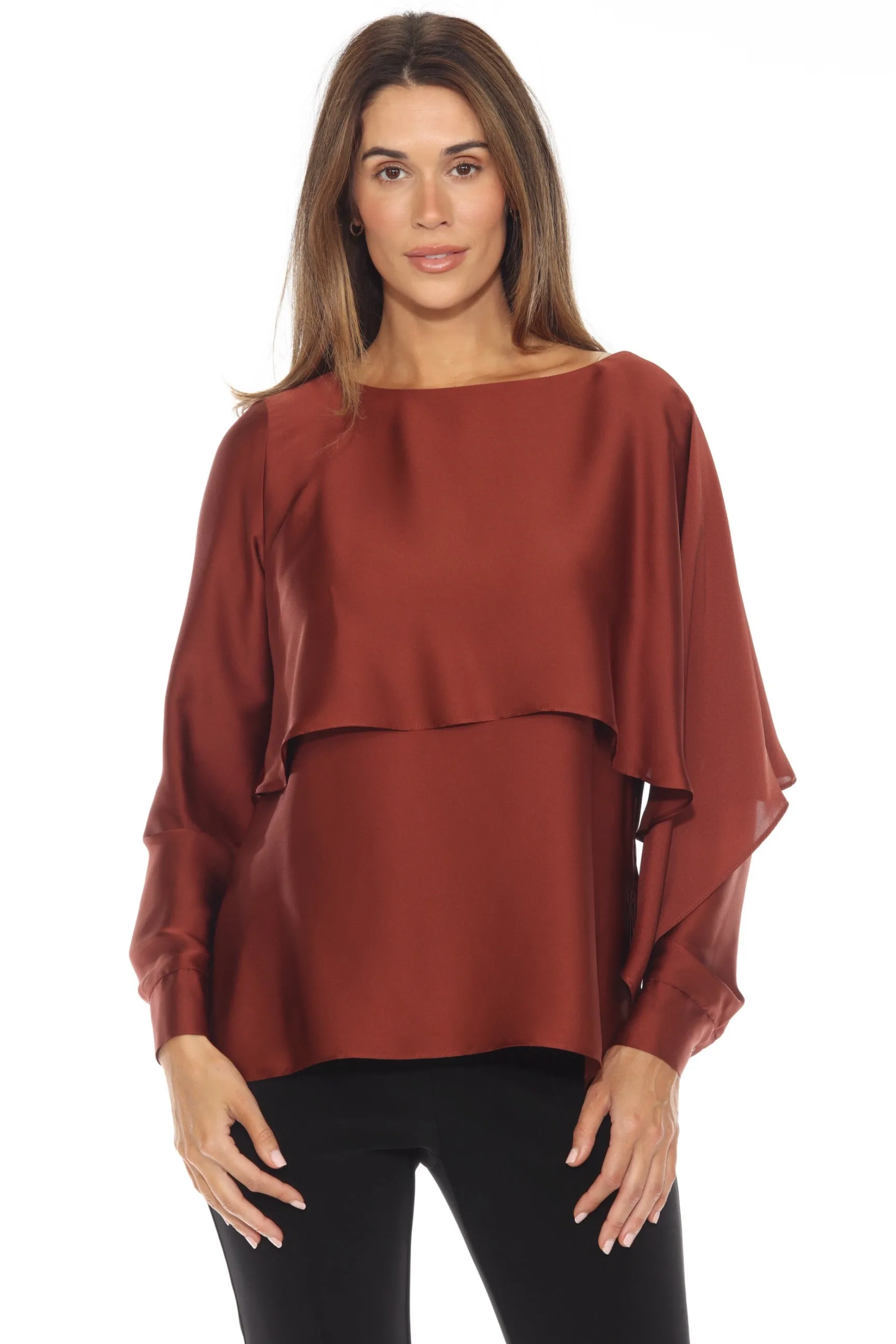 Joseph Ribkoff Cinnamon Ruffled Layer Dolman Sleeve Satin Blouse 243100