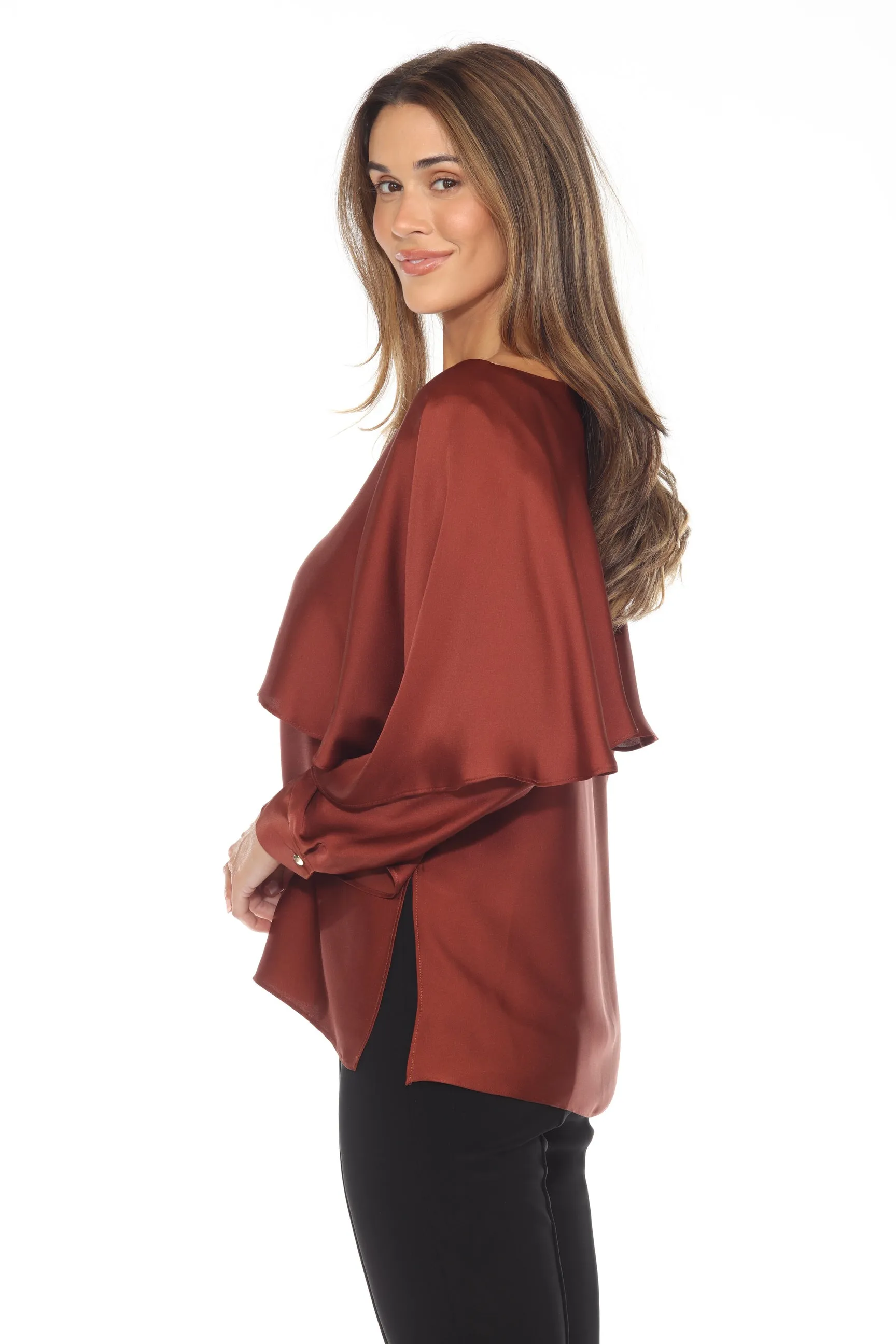 Joseph Ribkoff Cinnamon Ruffled Layer Dolman Sleeve Satin Blouse 243100