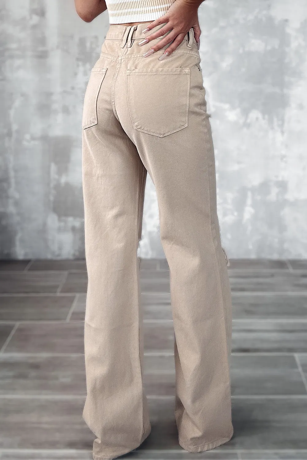 Khaki High Waist Ripped Wide-Leg Jeans