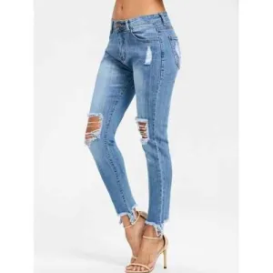 Knee Hole Frayed Skinny Jeans - Denim Blue Xl