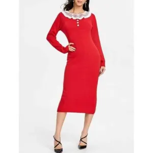 Lace Insert Midi Sweater Dress - Red One Size