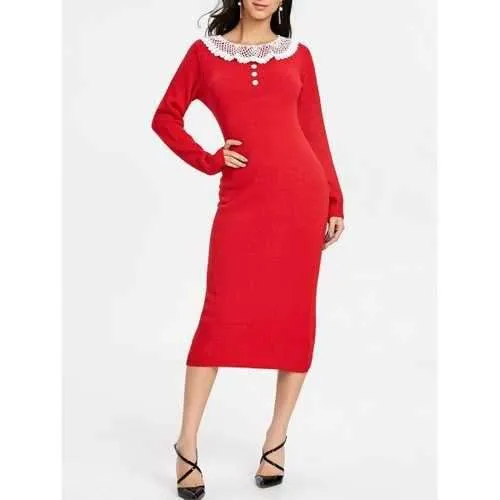 Lace Insert Midi Sweater Dress - Red One Size