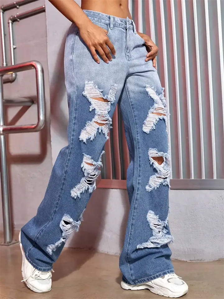 Ladies X Shaped Ripped Gradient Color Jeans