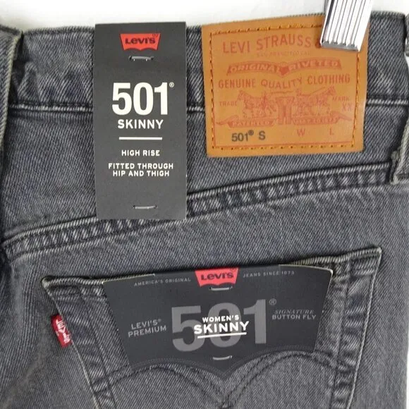 Levi's 501 Skinny Jeans Women's 27x30 Black Denim Distressed $98