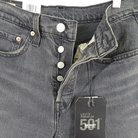 Levi's 501 Skinny Jeans Women's 27x30 Black Denim Distressed $98
