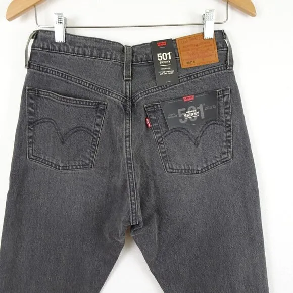 Levi's 501 Skinny Jeans Women's 27x30 Black Denim Distressed $98