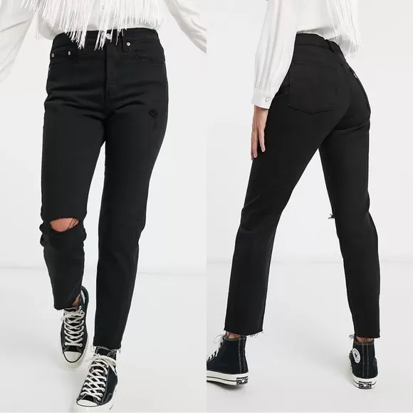 Levi’s • Wedgie Icon jean Black Desert distressed raw hem ripped knee slim