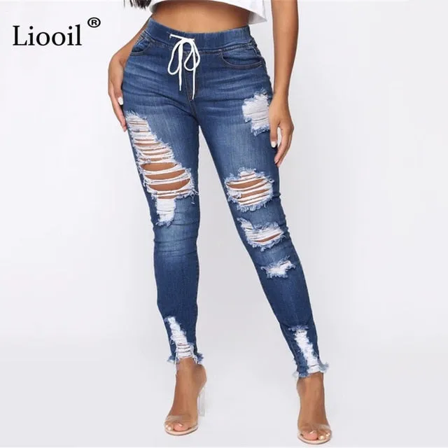 Light Blue Ripped Jeans for Women 2021 Street Style Sexy Mid Rise Distressed Trouser