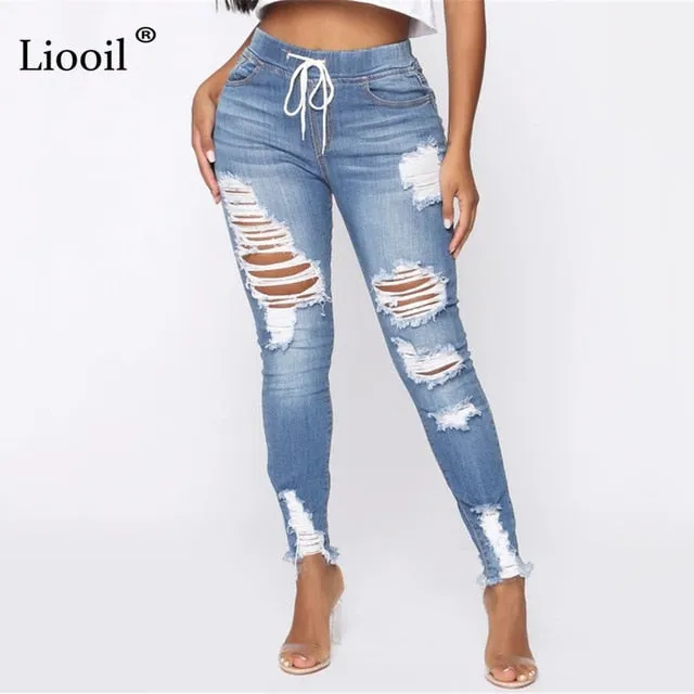 Light Blue Ripped Jeans for Women 2021 Street Style Sexy Mid Rise Distressed Trouser