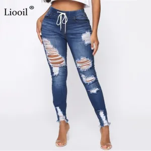 Light Blue Ripped Jeans for Women 2021 Street Style Sexy Mid Rise Distressed Trouser