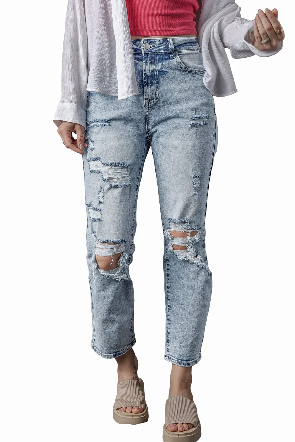 Light Wash Frayed High Waist Jeans