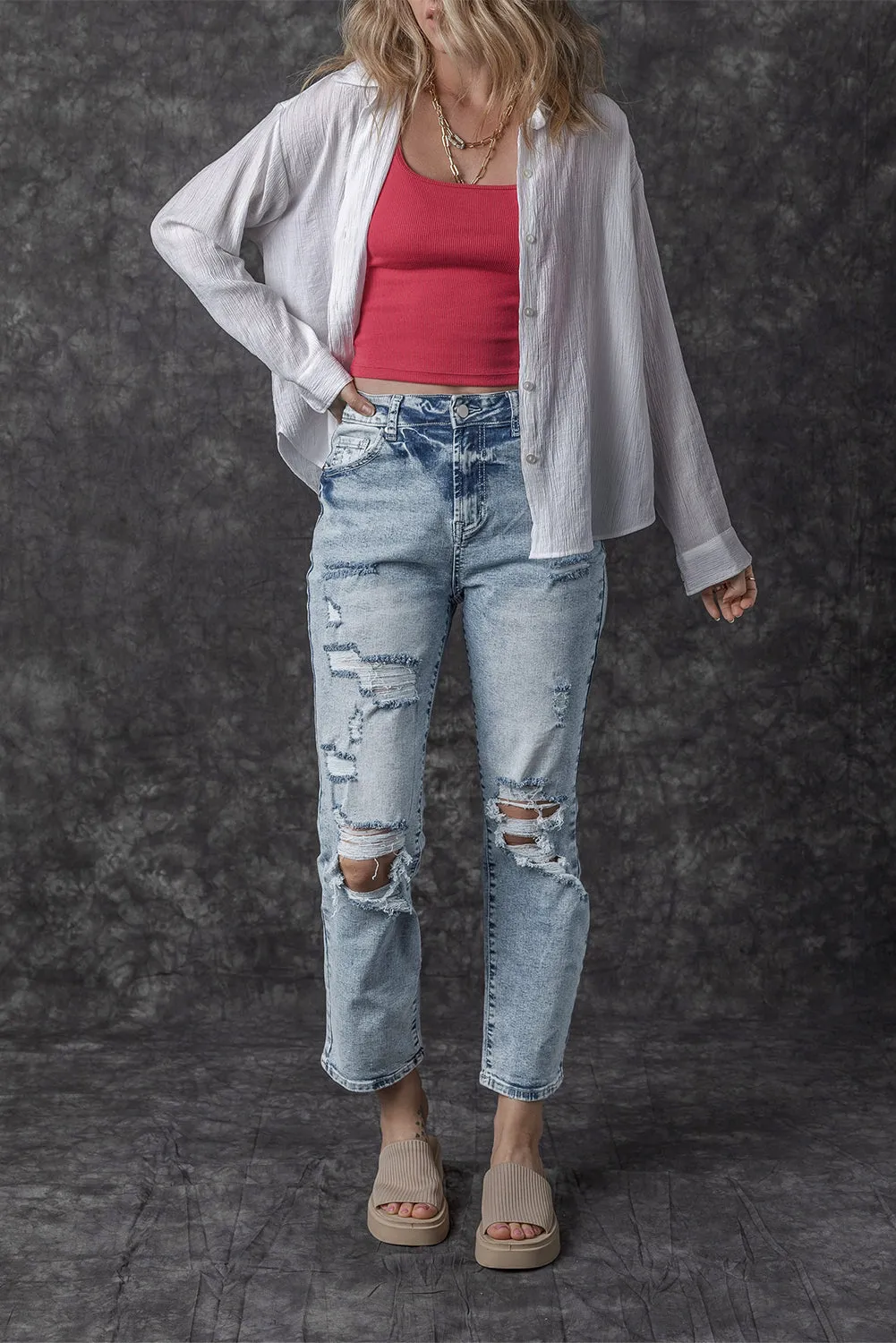 Light Wash Frayed High Waist Jeans