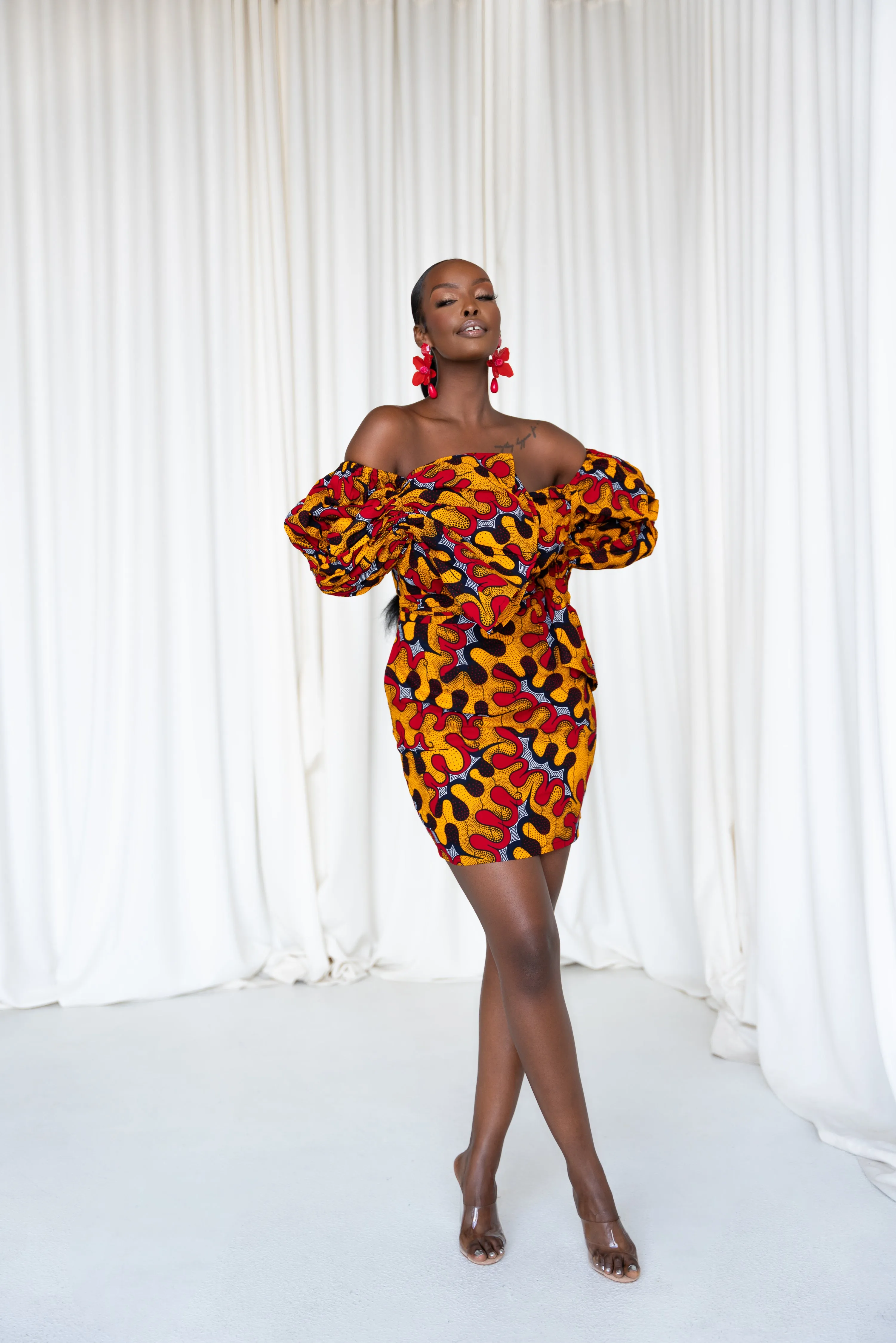 LIRA African Print Off-shoulder Puffy Sleeve Mini Dress