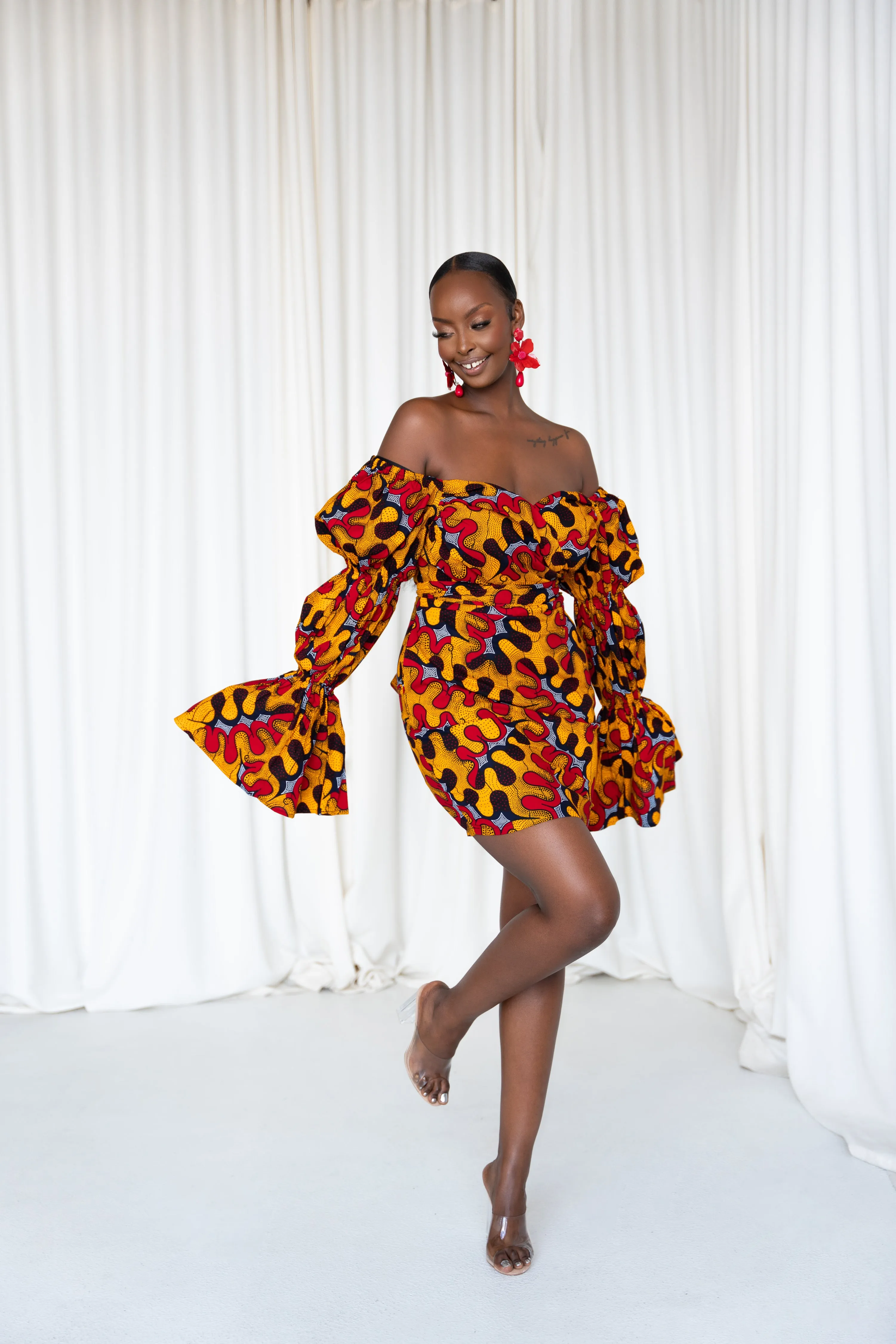 LIRA African Print Off-shoulder Puffy Sleeve Mini Dress