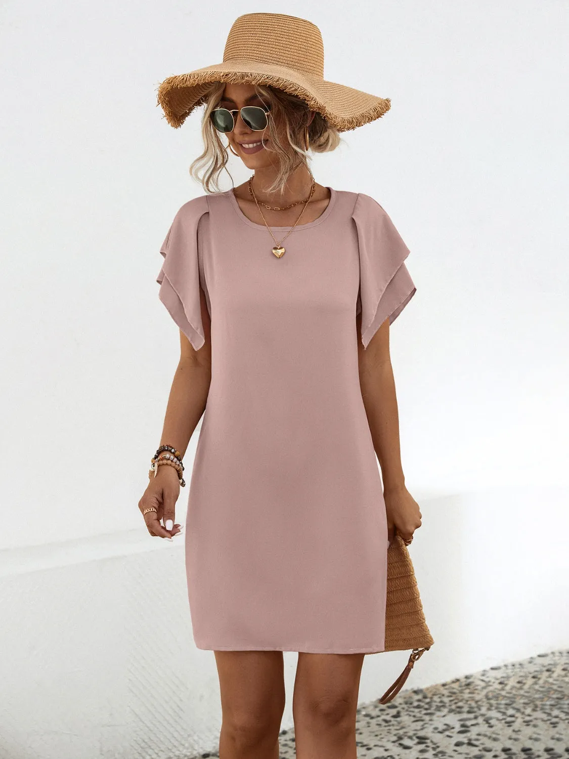 Mabel Round Neck Flutter Sleeve Mini Dress