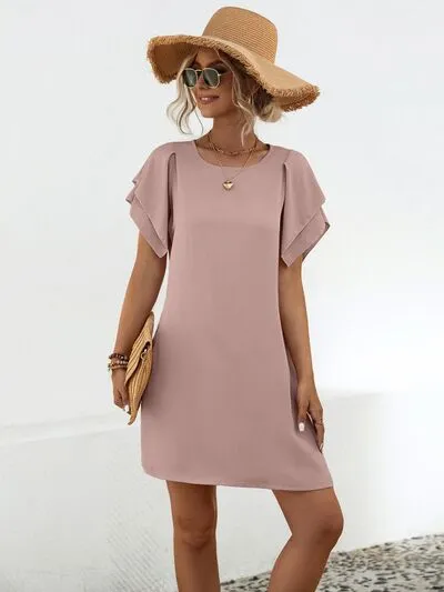 Mabel Round Neck Flutter Sleeve Mini Dress