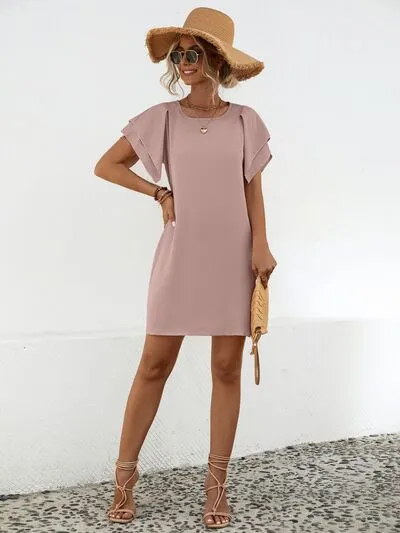 Mabel Round Neck Flutter Sleeve Mini Dress