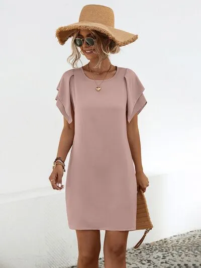 Mabel Round Neck Flutter Sleeve Mini Dress