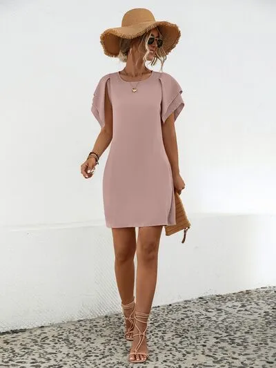 Mabel Round Neck Flutter Sleeve Mini Dress