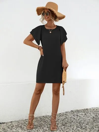 Mabel Round Neck Flutter Sleeve Mini Dress