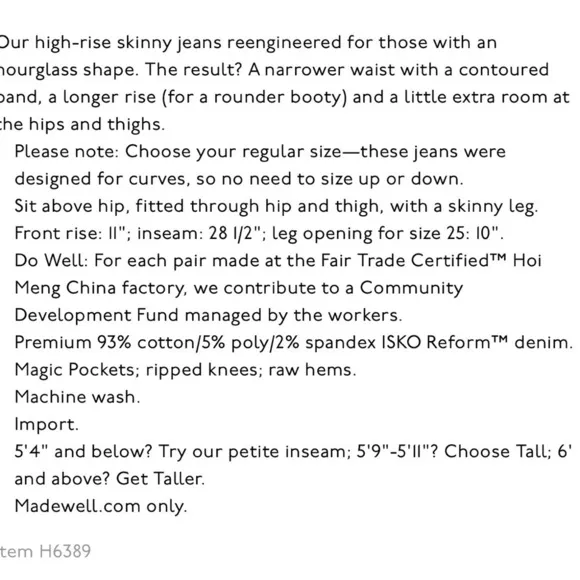 Madewell Curvy High-Rise Skinny Jeans | Standard | Black Sea | 23