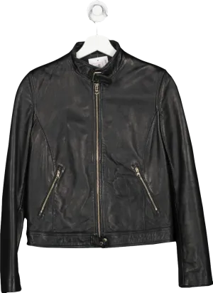 Massimo Dutti Black Leather Biker Jacket UK M