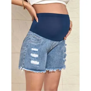 Maternity Ripped Raw Hem Denim Shorts
