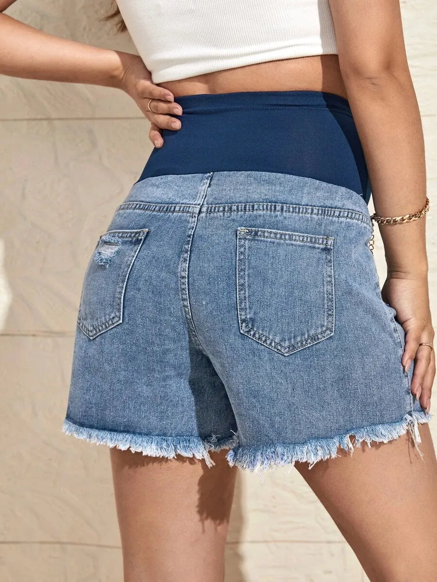 Maternity Ripped Raw Hem Denim Shorts