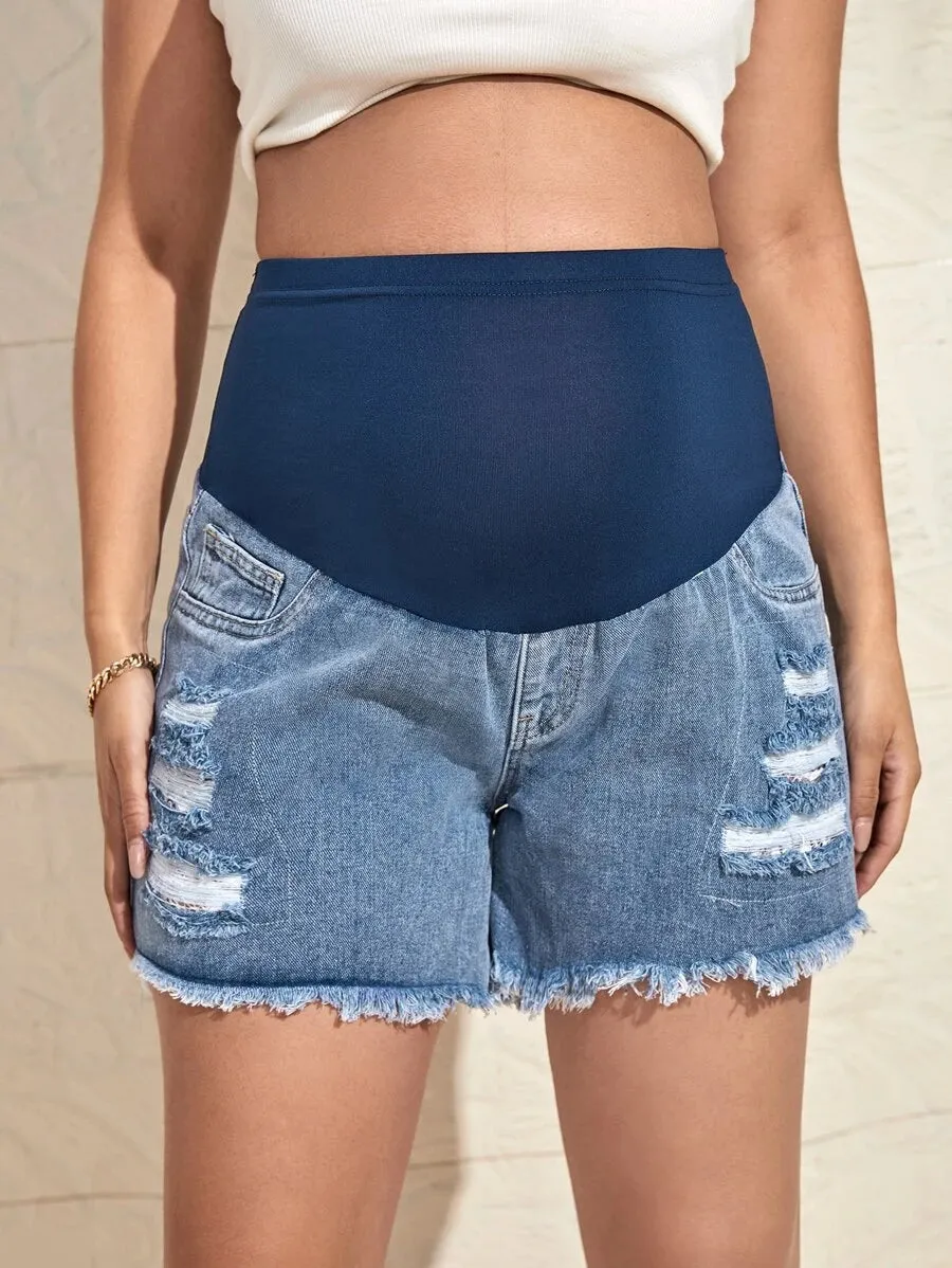 Maternity Ripped Raw Hem Denim Shorts
