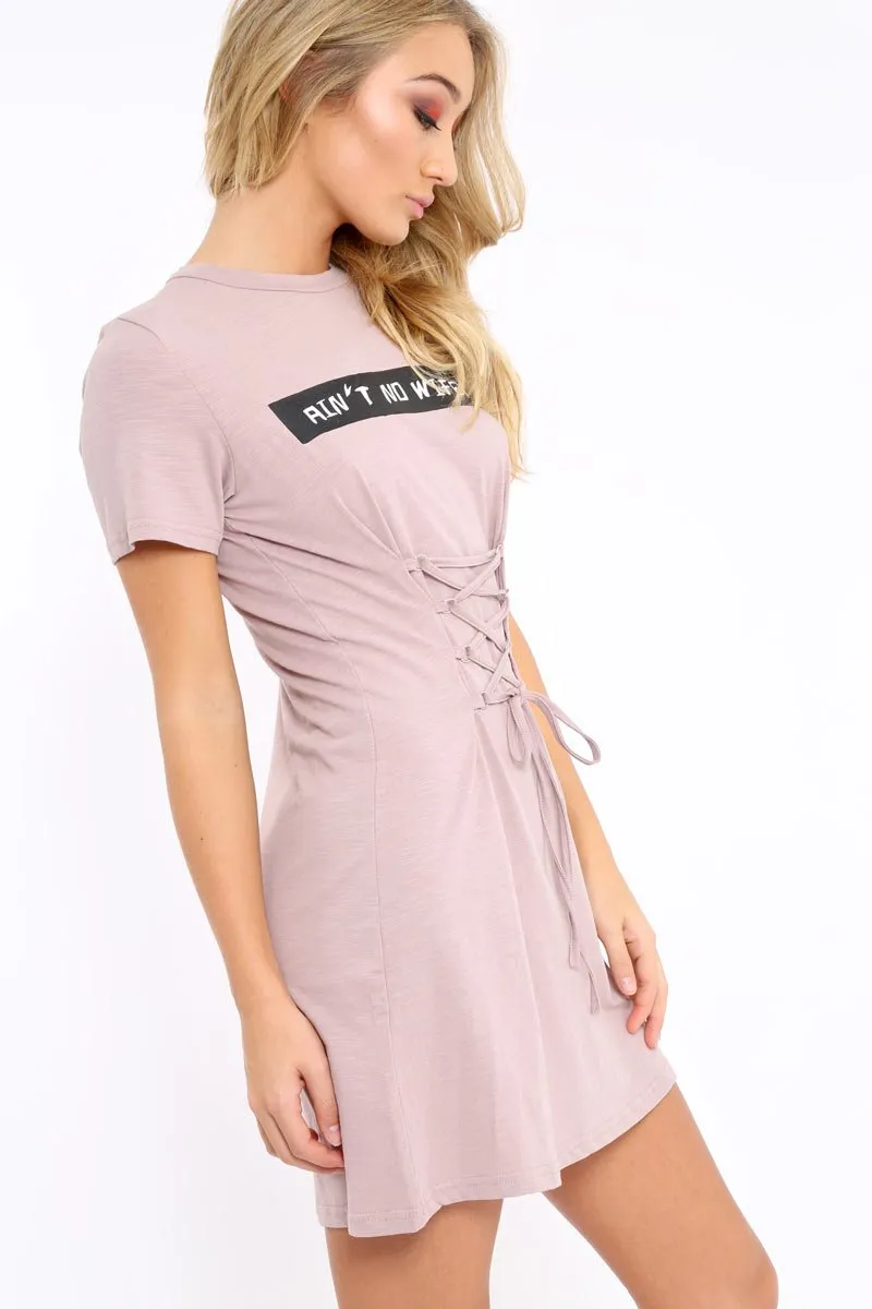 Mauve 'Ain't No Wifey' Slogan T-Shirt Corset Dress - Natalie