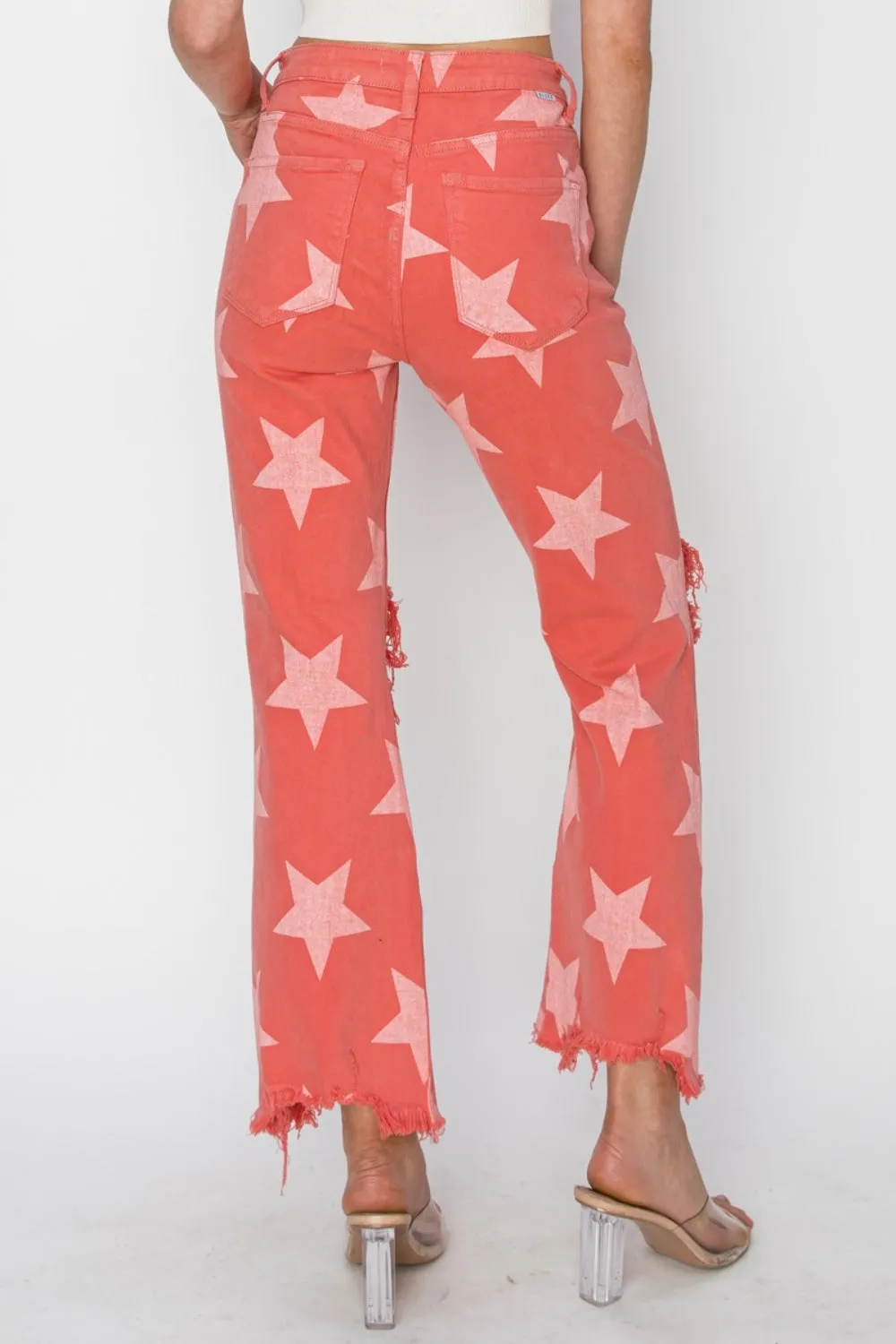 Maylah Full Size Distressed Raw Hem Star Pattern Jeans