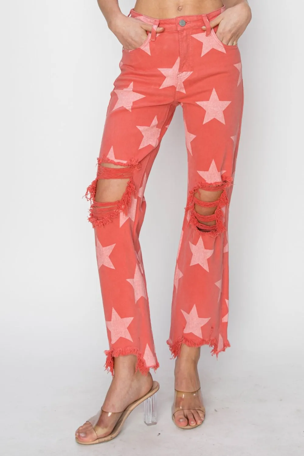 Maylah Full Size Distressed Raw Hem Star Pattern Jeans