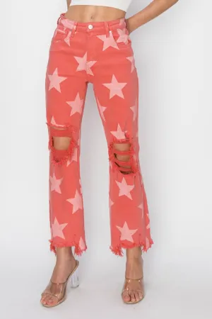 Maylah Full Size Distressed Raw Hem Star Pattern Jeans