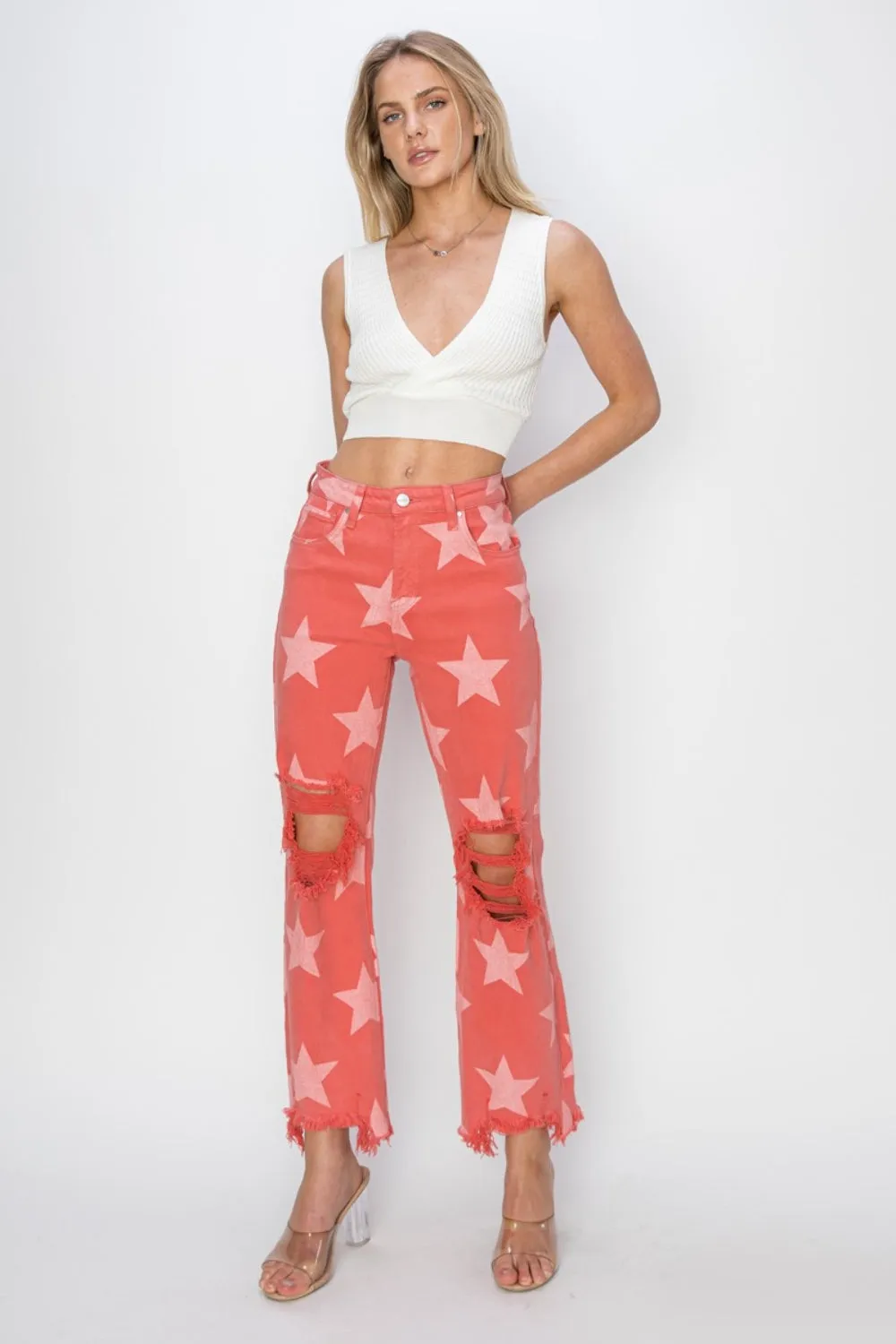 Maylah Full Size Distressed Raw Hem Star Pattern Jeans