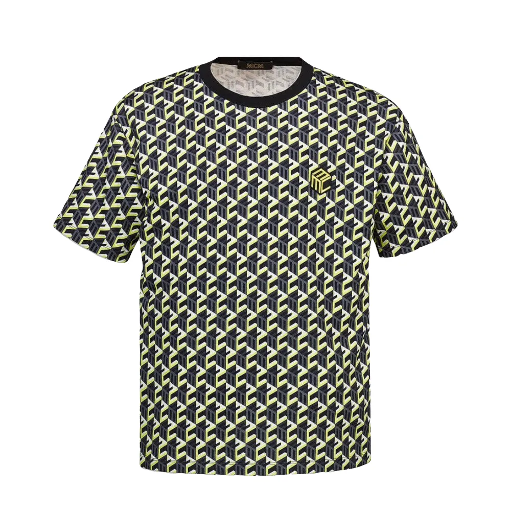 MCM MENS CUBIC MONOGRAM PRINT T-SHIRT IN ORGANIC COTTON BLACK-YELLOW