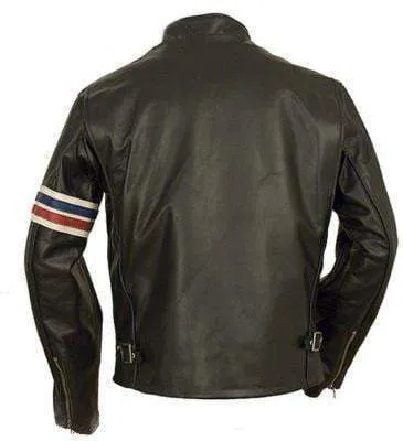 Men Black Stripes Biker Leather Jacket