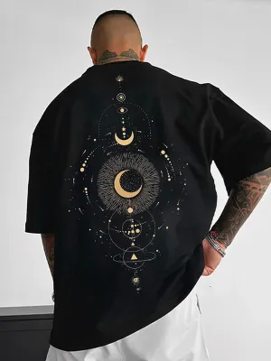 Men's Fashion Oversized Sun and Moon Print Short Sleeve T-Shirt