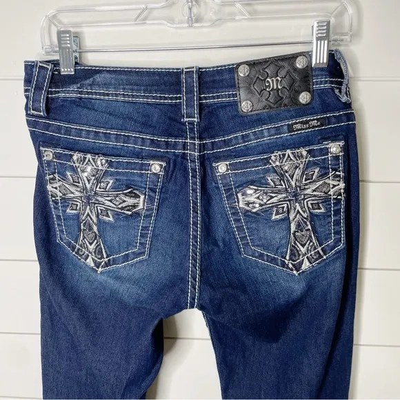 Miss Me Mid Rise Embroidered Sequin Pocket Ankle Skinny Jeans Dark Wash Size 29