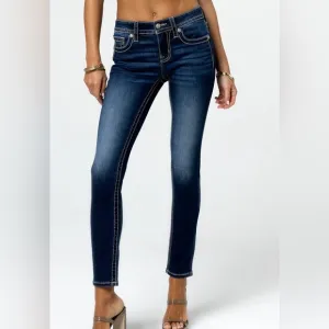 Miss Me Mid Rise Embroidered Sequin Pocket Ankle Skinny Jeans Dark Wash Size 29