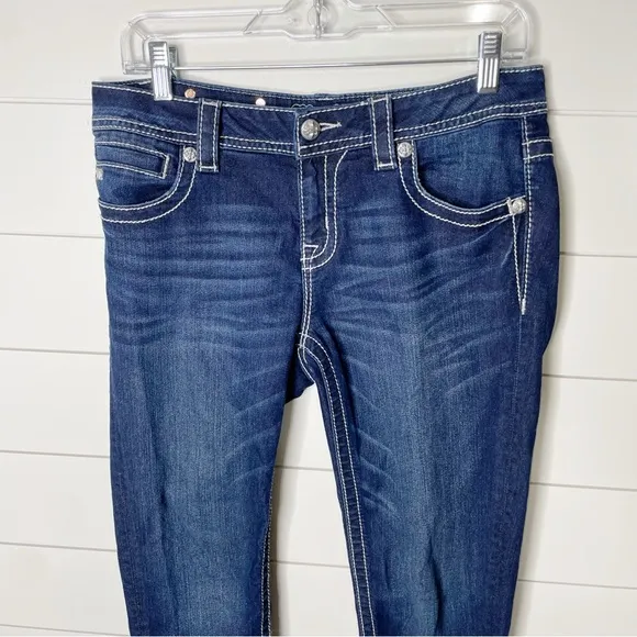 Miss Me Mid Rise Embroidered Sequin Pocket Ankle Skinny Jeans Dark Wash Size 29
